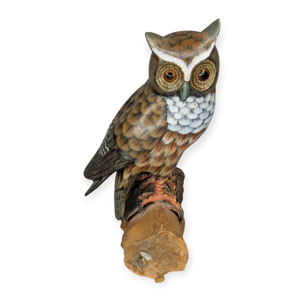 Handcrafted Wooden Owl Figurine on a Wooden Branch 8" Tall